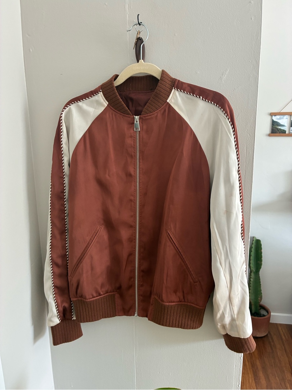 The Kooples Rust Satin-Look Bomber Jacket with Cream Sleeves